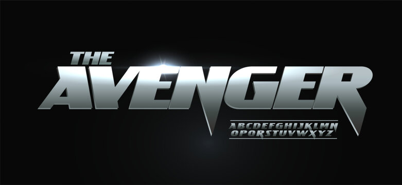 Cinematic racing font logo alphabet, bold steel sharp dynamic typescript for auto sport logotype, action headline, metallic typography, powerful typographic design, cinema poster. Vector typeset