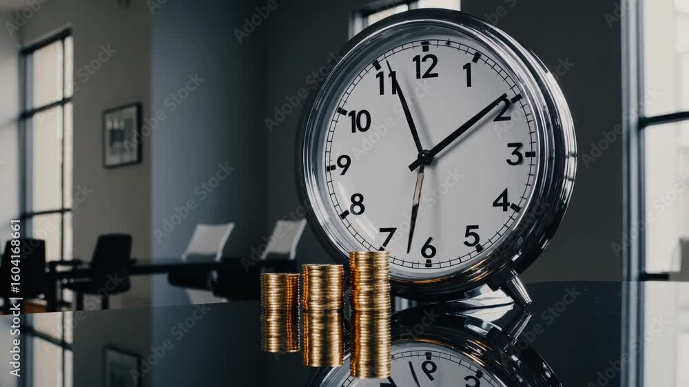 Aufkleber serene scene of time and wealth clock and coins on a minimalist table, ideal for financial or timece