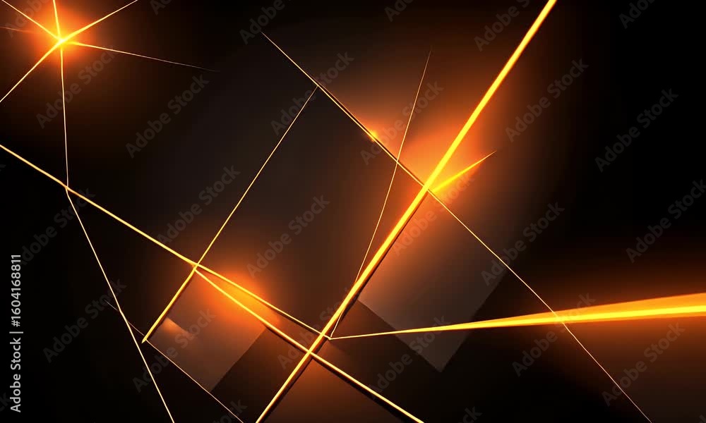Poster dynamic abstract composition of orange lines and geometric shapes on black background with bright li