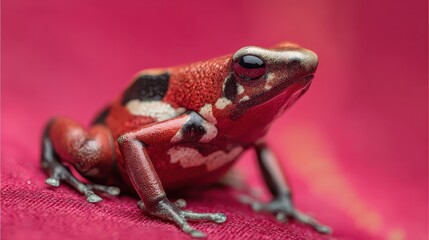 Red banded poison dart frog with black markings on a red background.