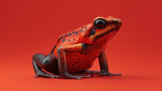 Red banded poison dart frog with black markings on a red background. - Powered by Adobe