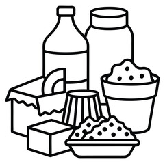 Vector collection of dairy products in flat style including milk, butter, cheese, yogurt, cottage cheese, sour cream, ice cream, cream, isolated on white