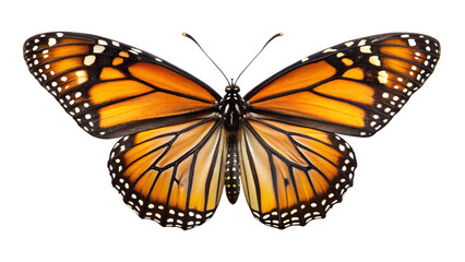 Fototapeta premium Vibrant Monarch Butterfly, Detailed Macro Photography, Isolated on Black, Nature, Insect, Wing Detail, Serene, Tranquil Mood.