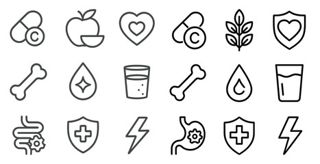 Fototapeta premium Health and nutrition outline icons set – linear, diet, wellness and fitness symbols
