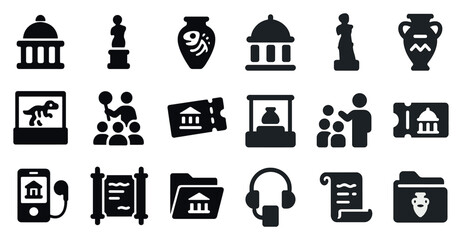 Museum and history filled icons set – solid, artifacts, culture symbols