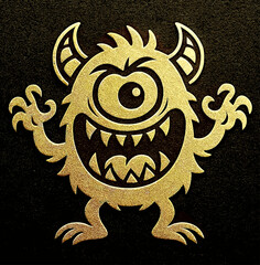 Vibrant golden monster illustration with one eye and sharp teeth on a black background showcasing playful design 