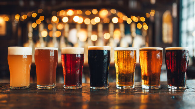 A row of glasses filled with various types and sizes of craft beer, arranged on the bar counter in an old English pub setting