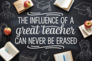 Celebrate the profound and lasting impact of an inspiring teacher with this motivating chalkboard design featuring classic school elements and heartfelt quotes.