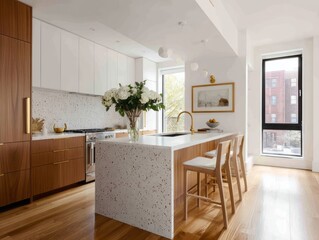 Modern kitchen island with speckled countertop and light-colored cabinets.
