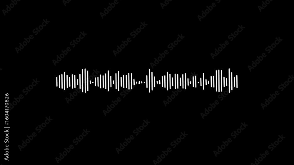Poster “minimalist white sound waveform animation on black background – audio frequency bars moving in loop