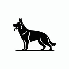 Obraz premium Black silhouette of a German Shepherd dog standing with mouth open, detailed vector illustration perfect for logos, branding, pet designs, and canine-related artwork with bold style.