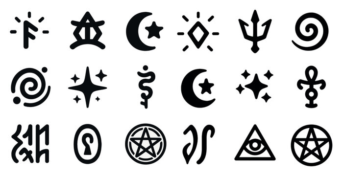 Mystical symbols silhouette icons set – magic, occult, spiritual emblems