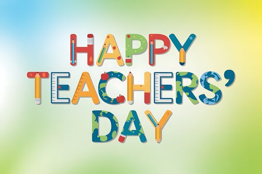 Celebrate educators with vibrant, creative 'Happy Teachers Day' lettering featuring school supplies and global motifs, perfect for appreciation campaigns