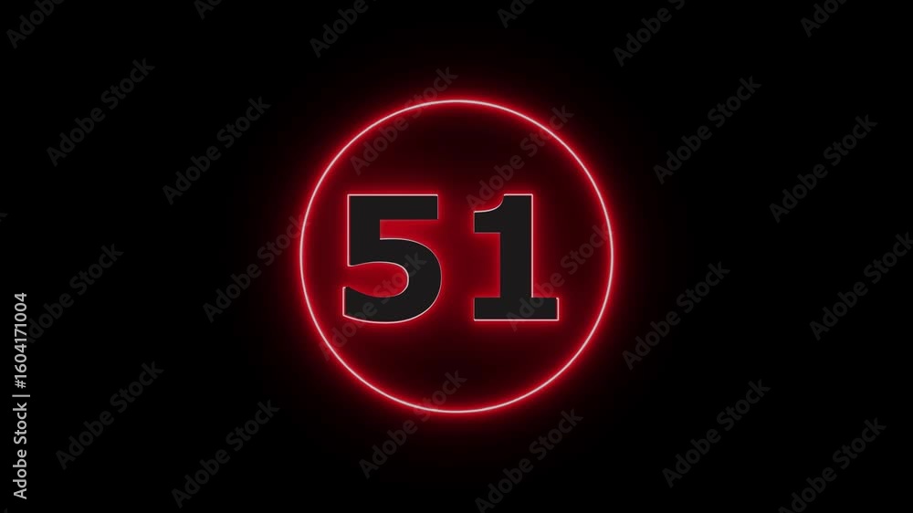 Poster glowing neon red number 51 with alpha channel countdown icon background 4k animation.