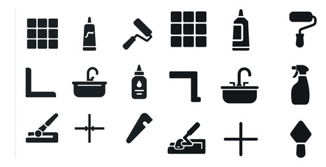 Obraz premium Home improvement solid icons set – tools, tiles, renovation essentials