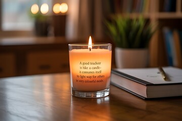 Inspirational candle with quote about teaching illuminates a cozy desk scene, symbolizing dedication and mentorship, perfect for educational themes.
