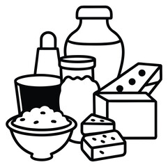 Vector collection of dairy products in flat style including milk, butter, cheese, yogurt, cottage cheese, sour cream, ice cream, cream, isolated on white