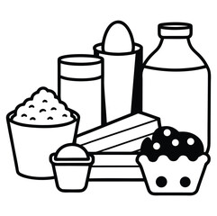 Vector collection of dairy products in flat style including milk, butter, cheese, yogurt, cottage cheese, sour cream, ice cream, cream, isolated on white