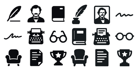 Literary icons set – solid, filled, writing and book themed symbols
