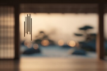 Wind Chime Swaying Above Veranda Overlooking Zen Garden