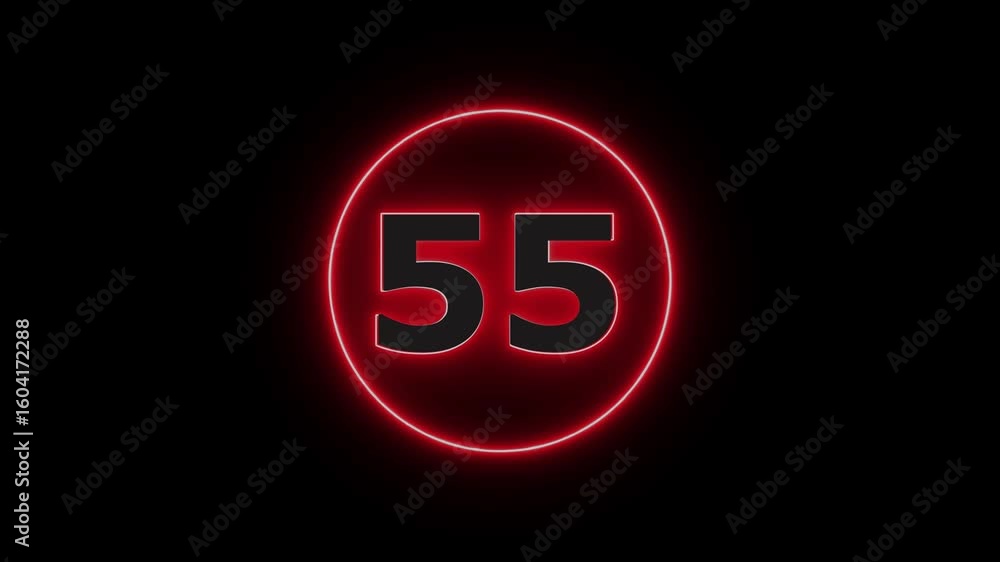Poster glowing neon red number 55 with alpha channel countdown icon background 4k animation.