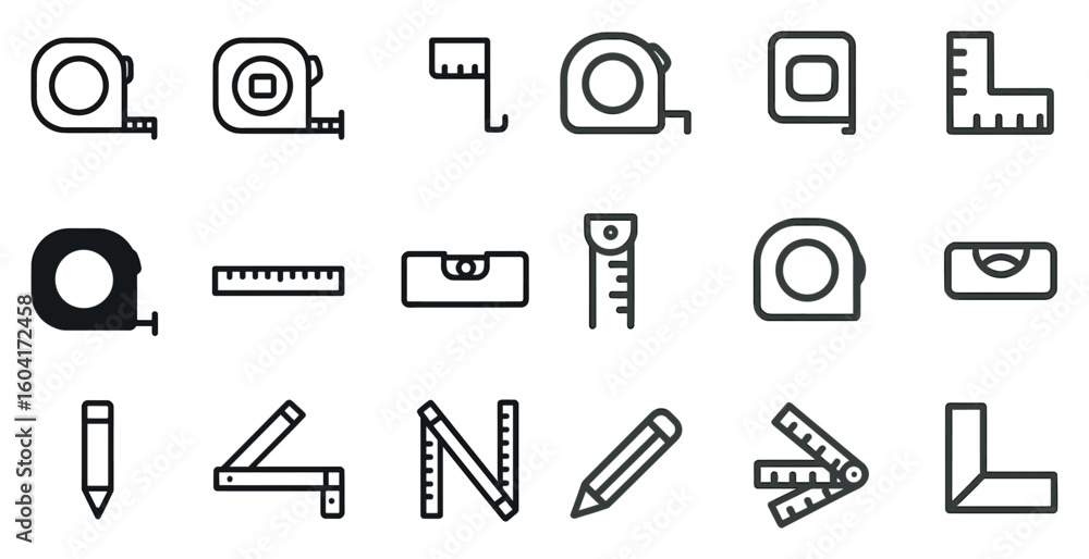 Poster measurement tools line icons set – outline, linear, ruler and measuring device graphics