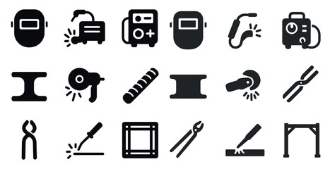 Welding tools silhouette icons set &ndash; solid, filled, fabrication and construction symbols