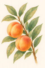 Botanical Peach Branch Illustration – Watercolor Style with Leaves, Isolated on White Background