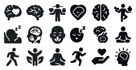 Mindfulness and wellness icons set &ndash; solid style, meditation, mental health symbols
