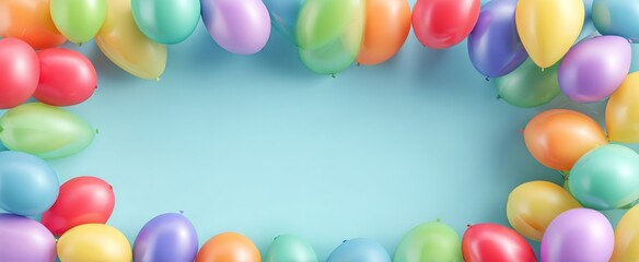 The colorful balloons creating a cheerful frame on a blue background.