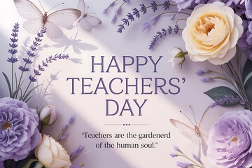 Celebrate educators with this beautiful Happy Teachers Day design featuring delicate butterflies and elegant floral arrangements honoring their impact