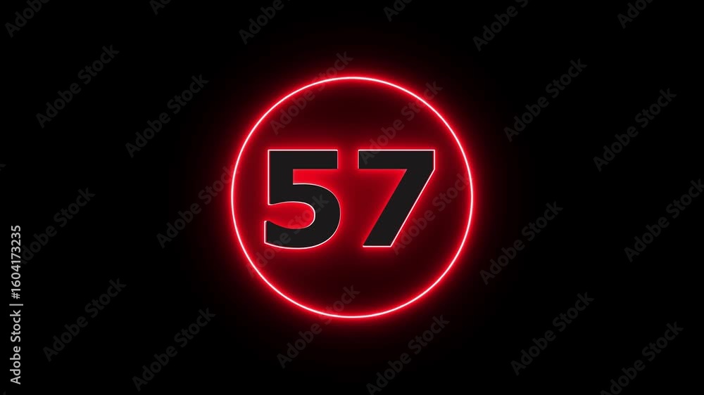 Poster glowing neon red number 57 with alpha channel countdown icon background 4k animation.