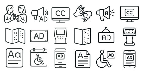Accessibility and inclusivity outline icons set &ndash; linear, intuitive, equal access visuals