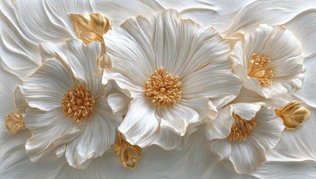 Three large, sculpted, white flowers with gold accents