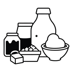 Vector collection of dairy products in flat style including milk, butter, cheese, yogurt, cottage cheese, sour cream, ice cream, cream, isolated on white