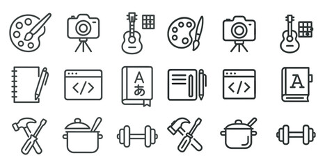 Creative hobbies outline icons set – flat, art, design and crafts symbols