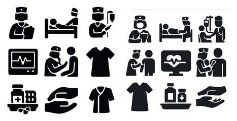Healthcare and medical solid icons set – silhouette, filled, nursing and hospital symbols