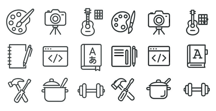Creative hobbies outline icons set – flat, art, design and crafts symbols