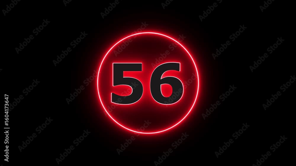 Poster glowing neon red number 56 with alpha channel countdown icon background 4k animation.
