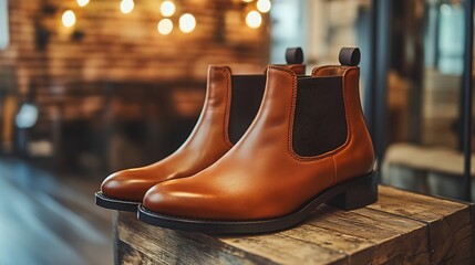 Stylish ankle boots a boutique corner with spotlights no human no labelling no logo