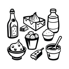 Vector collection of dairy products in flat style including milk, butter, cheese, yogurt, cottage cheese, sour cream, ice cream, cream, isolated on white