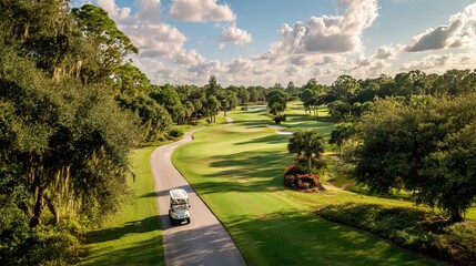 A scenic golf course with a cart path winding through lush green fairways, surrounded by trees under a partly cloudy sky.