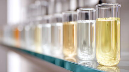 A row of test tubes filled with clear liquid on an elegant glass shelf, representing the scientific and medical equipment used in data analysis for global health monitoring