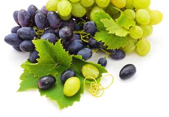 Dark and light grapes with leaves.