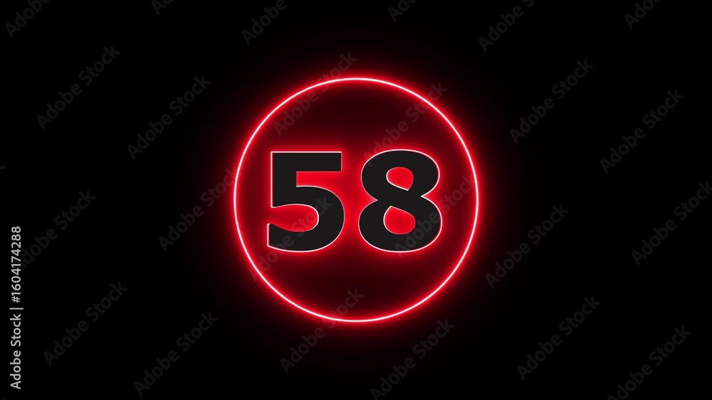 Poster glowing neon red number 58 with alpha channel countdown icon background 4k animation.