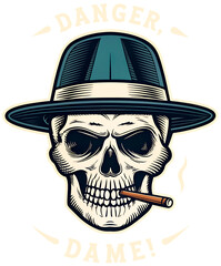 Danger Dame 50s Film Noir Skull. PNG, Print Shirt, Sticker.