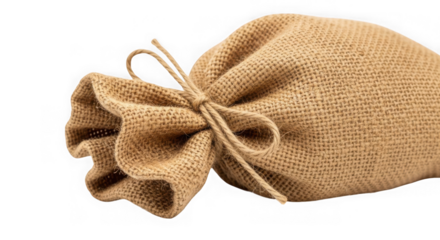 A burlap sack tied with twine, isolated on a transparent background