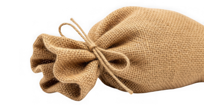 A burlap sack tied with twine, isolated on a transparent background