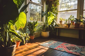 Obraz premium Sun-drenched room filled with lush greenery and a colorful rug