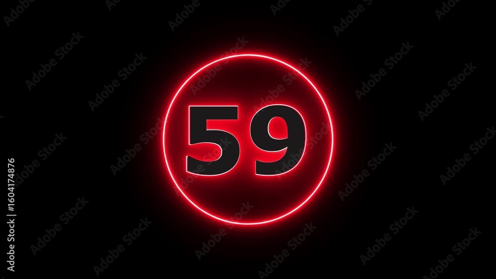 Poster glowing neon red number 59 with alpha channel countdown icon background 4k animation.